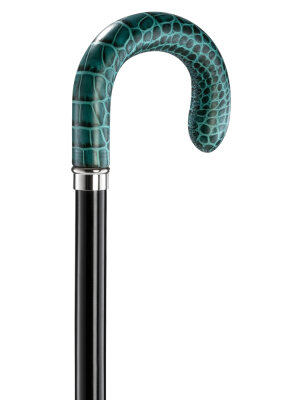Ossenberg wooden cane black beech wood round hook green leather croco