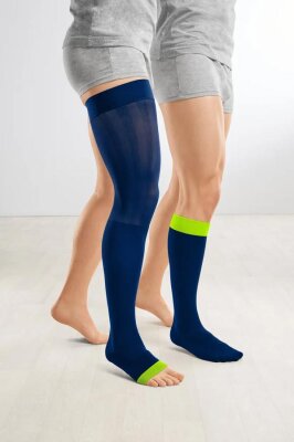 medi Rehab one KKL 1 AG Schenkelstrümpfe Mikronoppen-Haftband sensitiv kurz offene Fußspitze lime/blue III